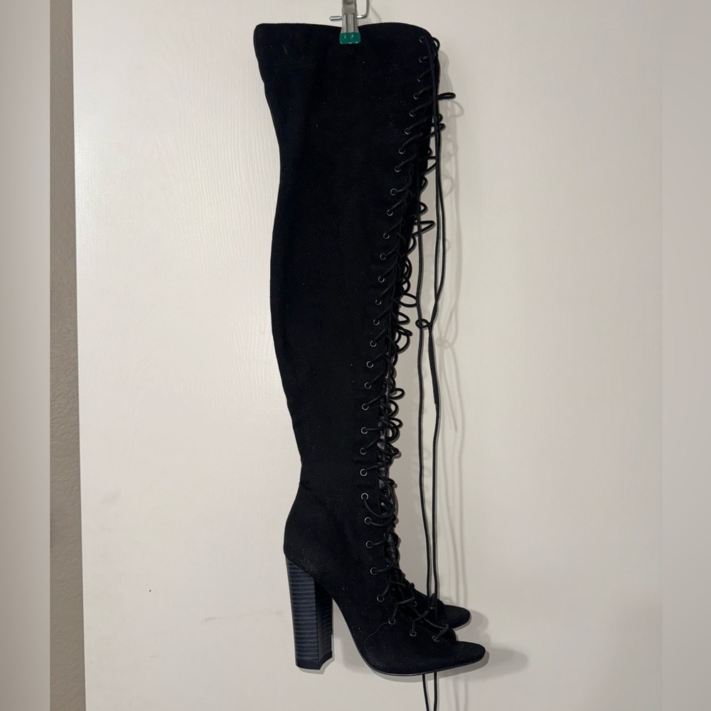 Black over the knee lace up open toe boots